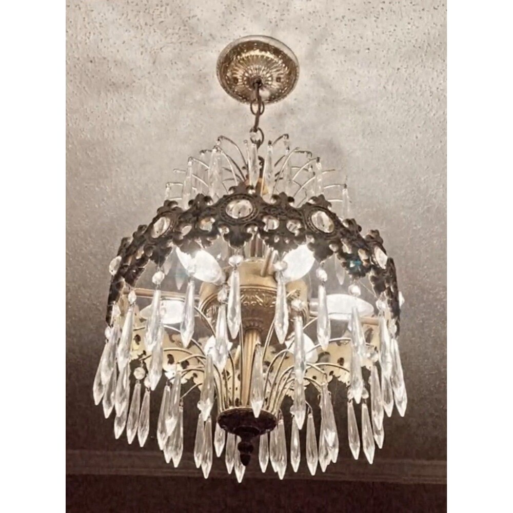 Vintage Waterfall Crystal Chandelier Hollywood Regency Gold Tone 8 Light